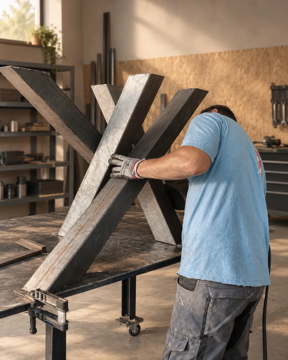 L'artisan à l'atelier, ajustant un piètement de table croisé en acier sur l'établi