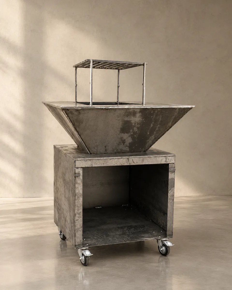 Brasero en acier brut sur meuble à roulettes, avec grille de cuisson