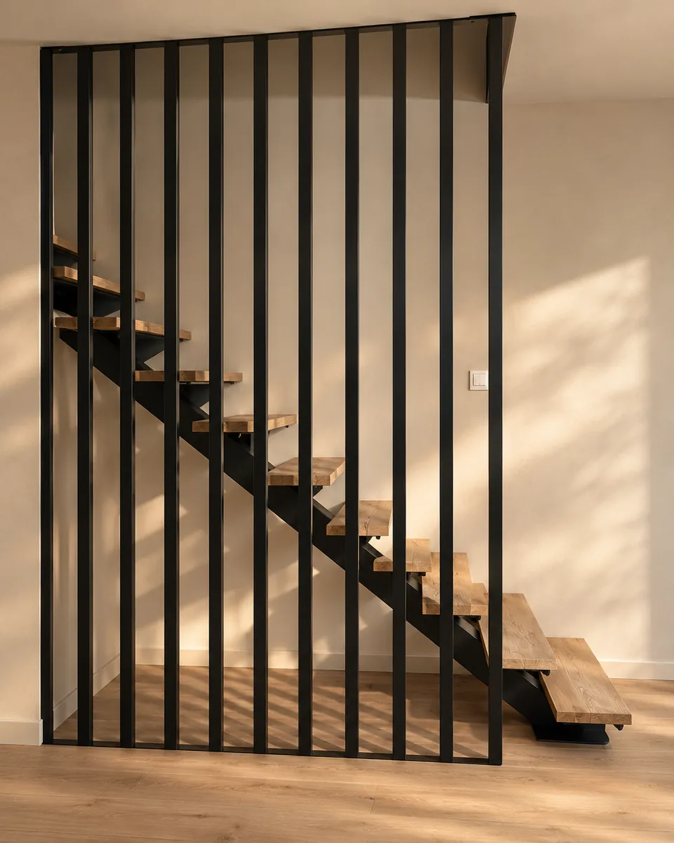 Escalier à limon central en acier noir et marches en chêne, derrière une claustra à barreaux