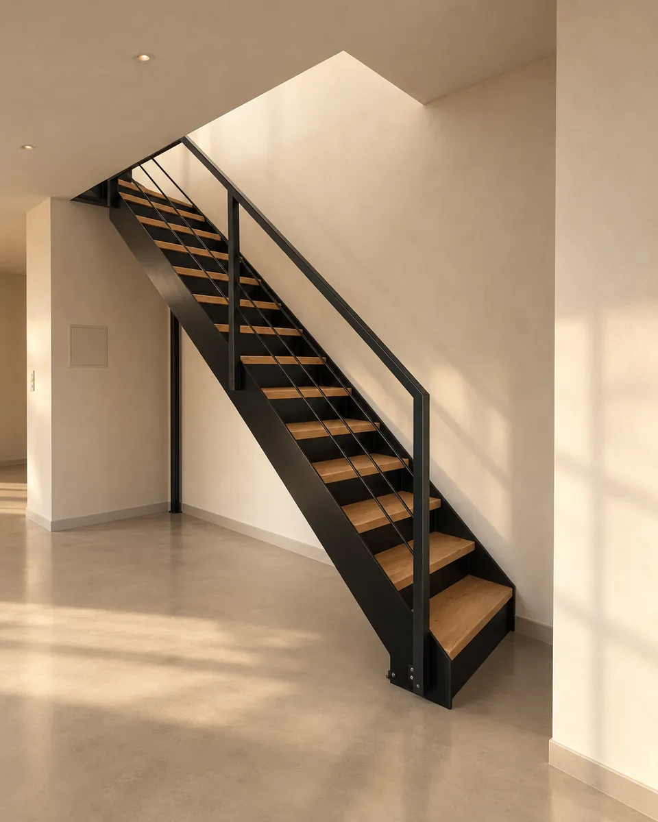 Escalier à limons latéraux en tôle d'acier noire, rampe à lisses et marches en chêne