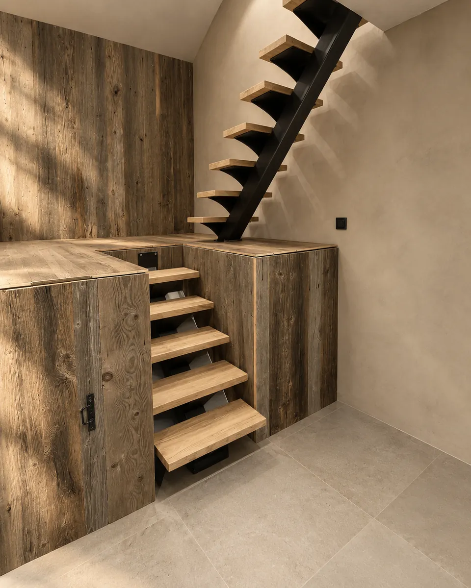 Escalier en acier et chêne intégré à un aménagement en bois de grange