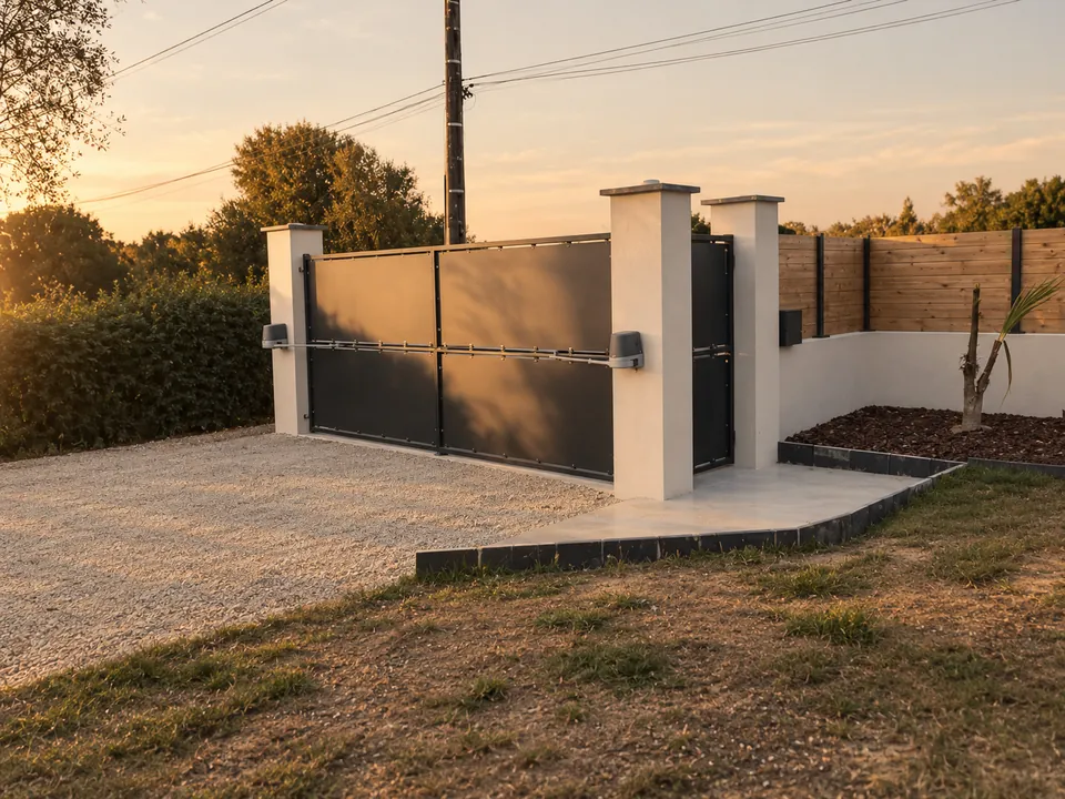 Portail battant et portillon pleins, gris anthracite, entre piliers blancs
