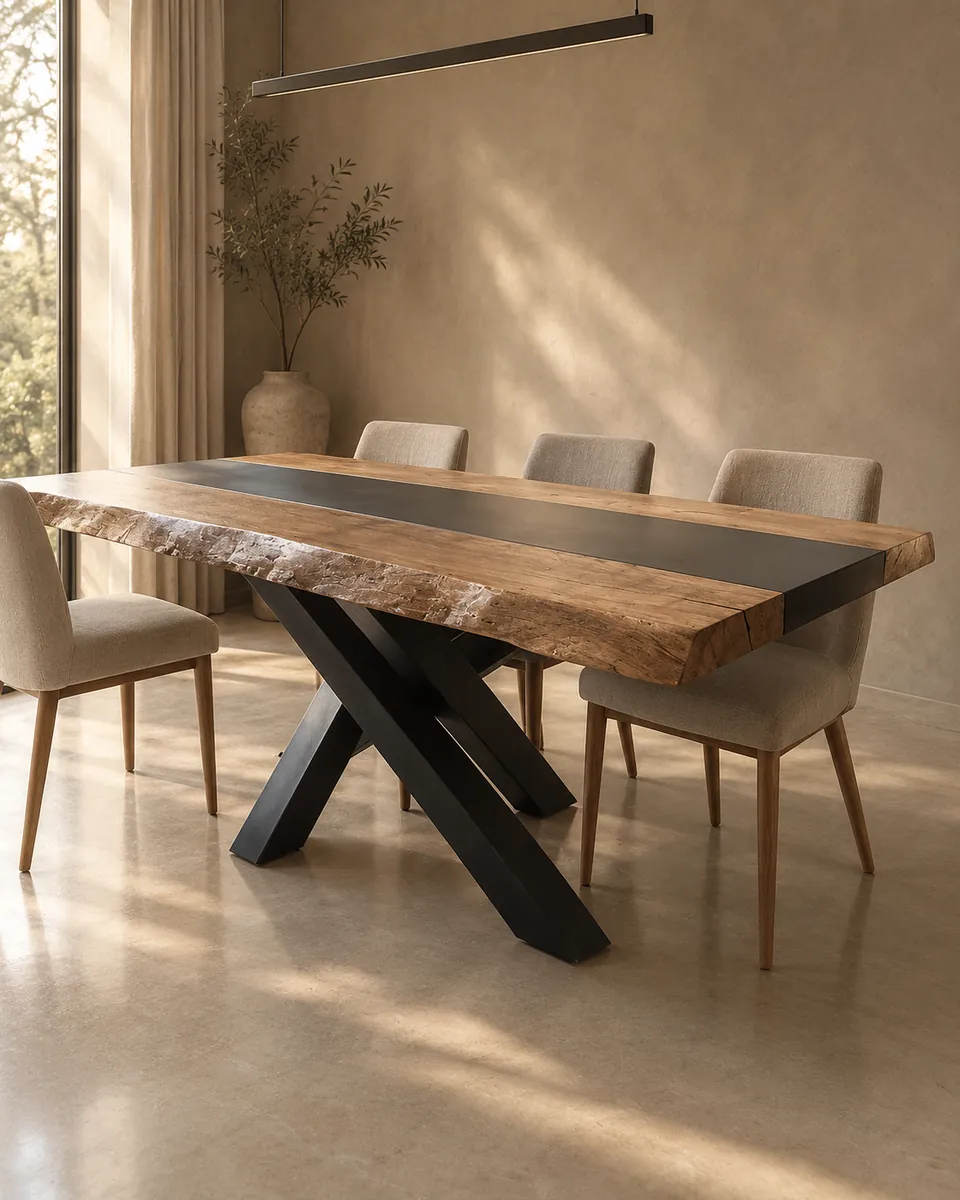 Table en bois massif sur piètement croisé en acier noir