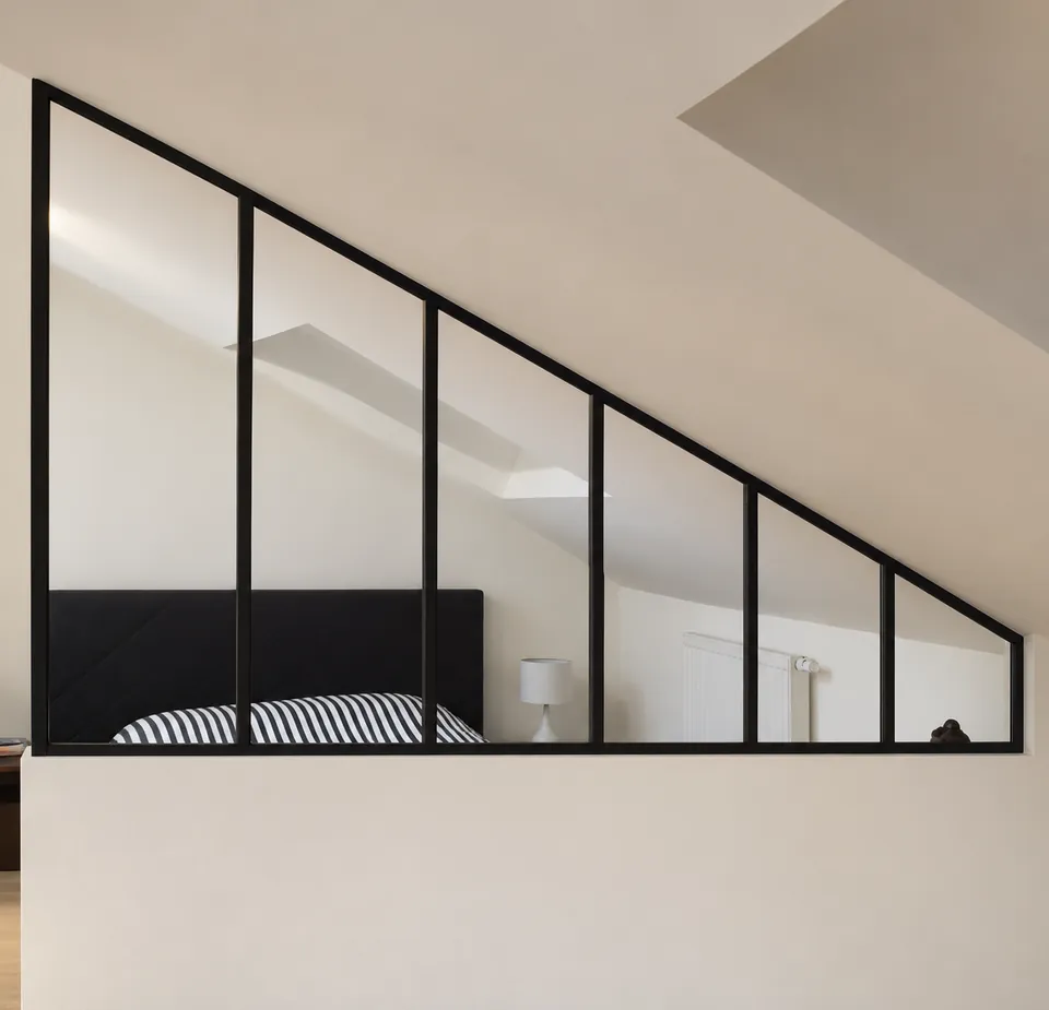 Verrière d'atelier en acier noir sous rampant, séparant une chambre mansardée